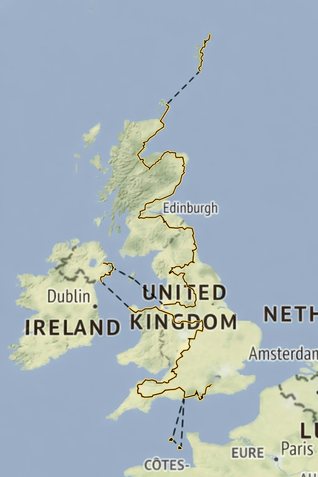 Map showing the barefoot running route across Britain from the Shetland Islands to London.