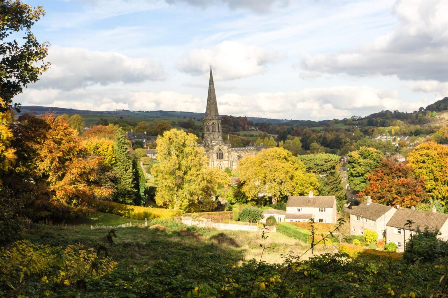 Bakewell town with traditional houses and a historic castle in the Derbyshire valleys.